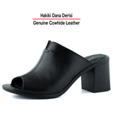 Valery Siyah Hakiki Dana Derisi Önü Açık Kalın Topuklu Terlik