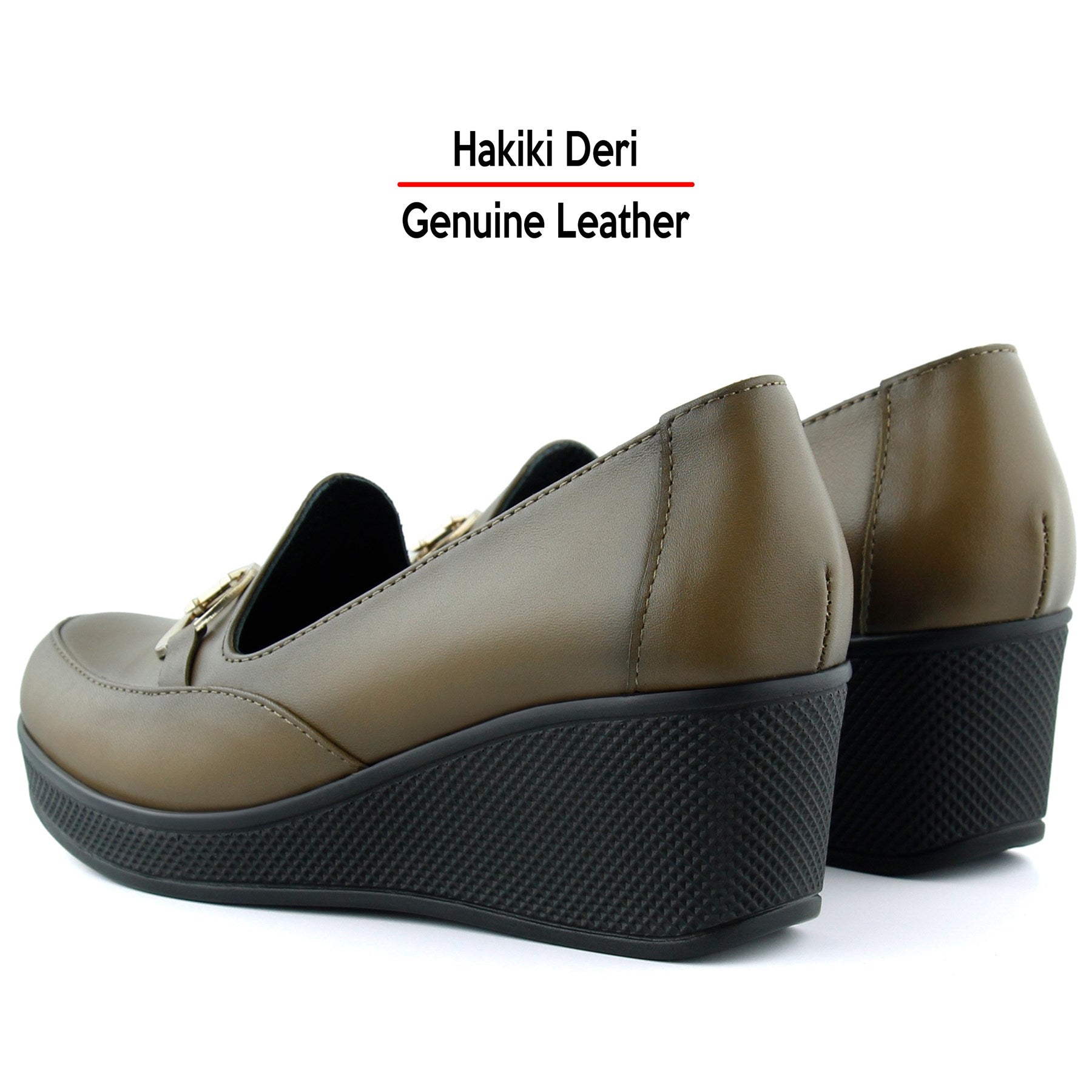 Hayley Kahverengi Hakiki Deri Tokalı Yuvarlak Burun Dolgu Topuklu Günlük Ayakkabı