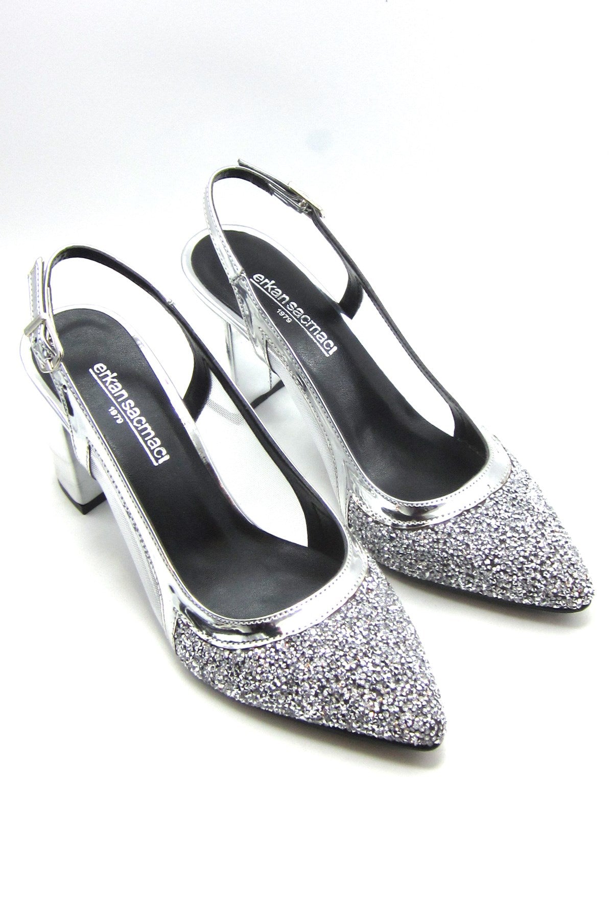 Panula Exclusive Gümüş Taşlı Fileli Arkası Açık Abiye Ayakkabı