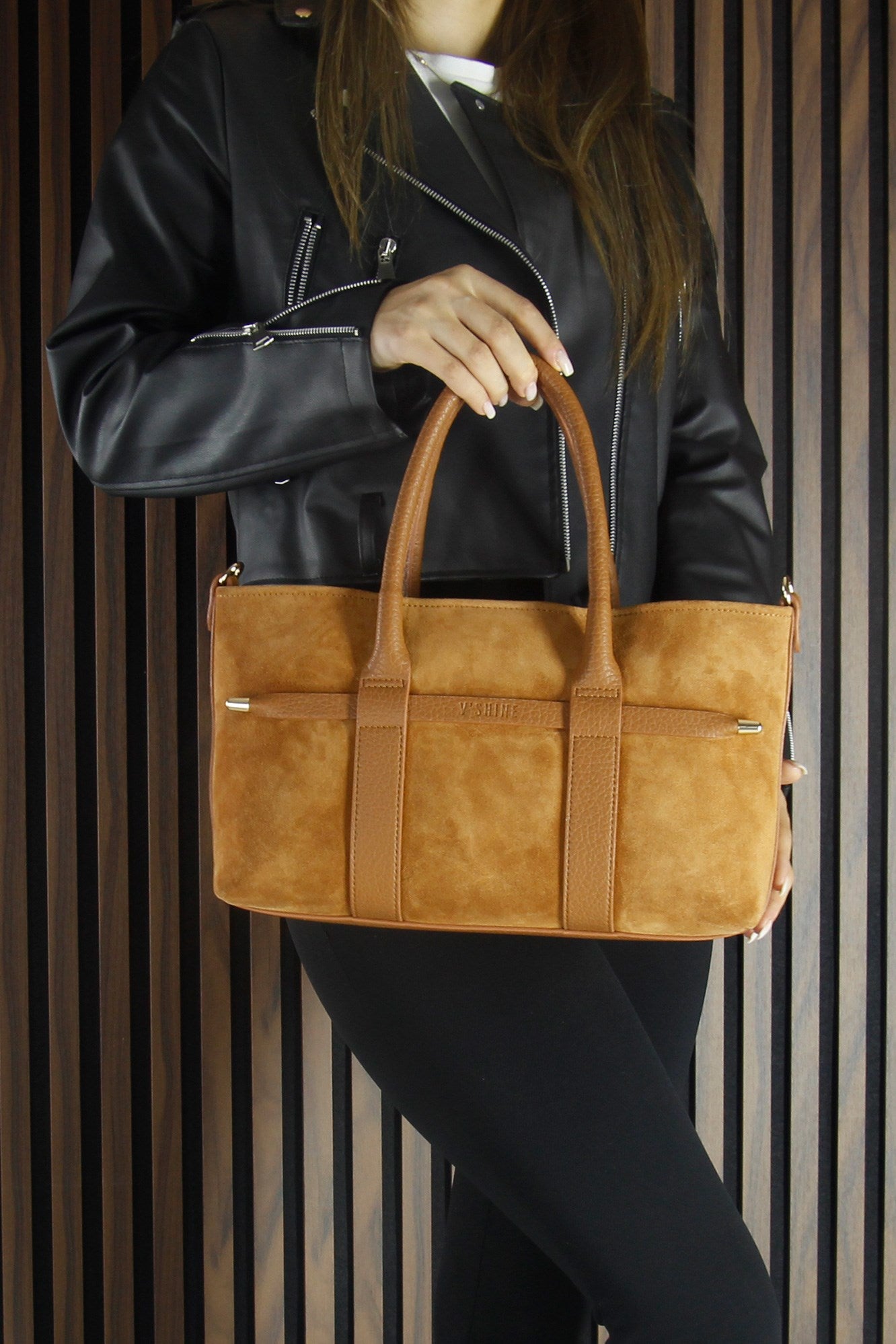 (VSN5014OC) Taba Hakiki Dana Süet Fermuarlı Üç Bölmeli İç Cepli Askılı Orta Boy Günlük Omuz Çantası