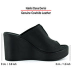 Rachel Siyah Hakiki Dana Derisi Perfore Lastikli Dolgu Topuklu Terlik