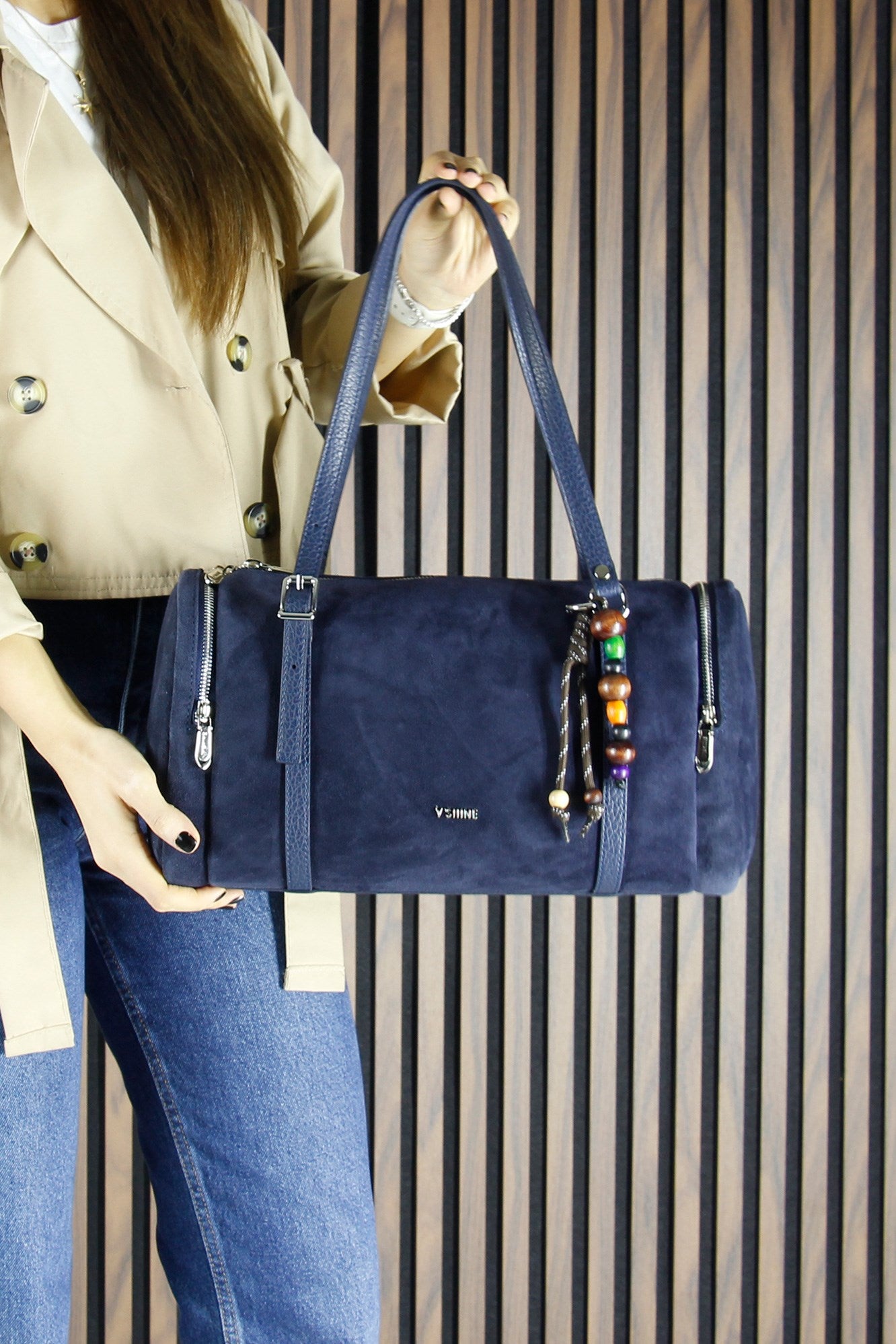 (VSN5020OC) Lacivert Hakiki Dana Süet Fermuarlı Üç Bölmeli Boncuk Aksesuarlı Günlük Büyük Boy Omuz Çantası