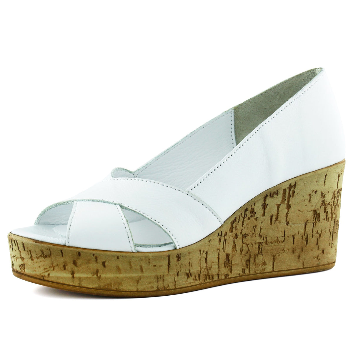 Astrid Beyaz Hakiki Dana Derisi Çapraz Bantlı Mantar Taban Görünümlü Dolgu Topuklu Sandalet