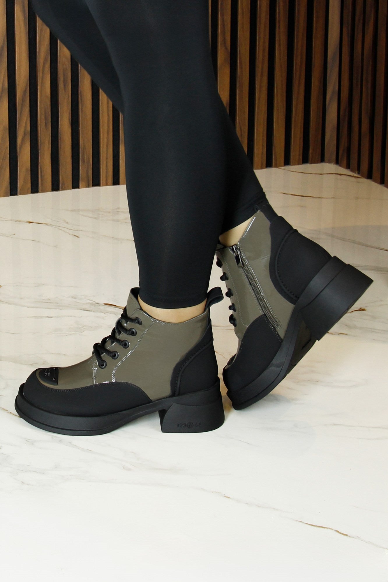 [8077] Haki Rugan Bağcıklı Fermuarlı Kürk Astarlı Yuvarlak Burun Kalın Topuklu Günlük Bot