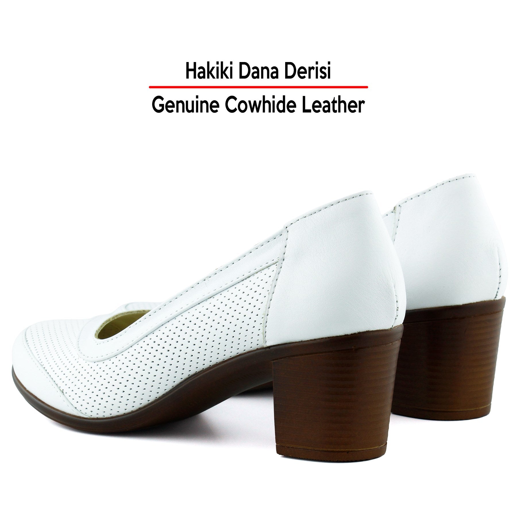 Sarah Beyaz Hakiki Dana Derisi Delik Detaylı Kalın Topuklu Günlük Klasik Ayakkabı