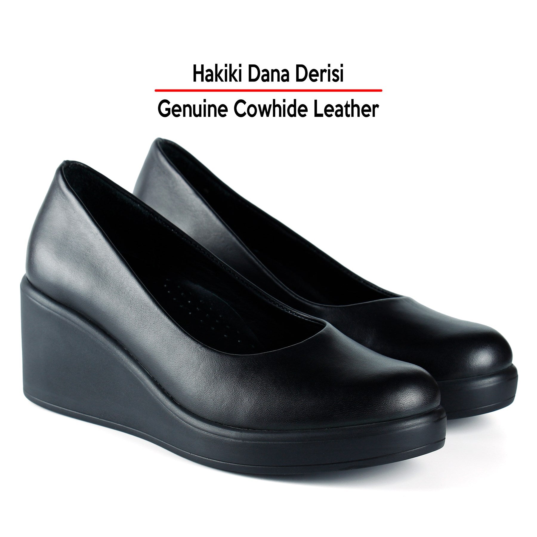 Mabel Siyah Hakiki Dana Derisi Dolgu Topuklu Günlük Ayakkabı