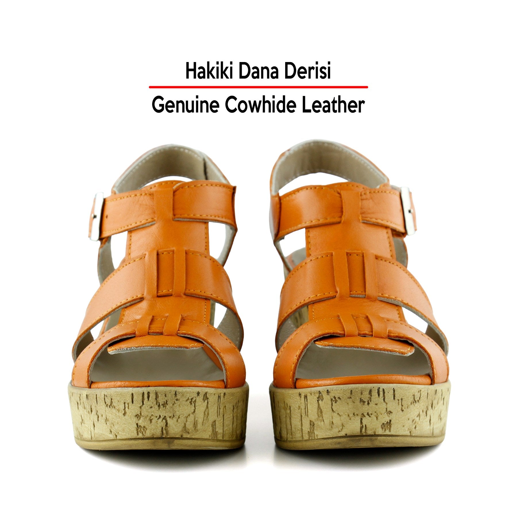 Xena Turuncu Hakiki Dana Derisi Mantar Taban Görünümlü Dolgu Topuklu Gladyatör Sandalet