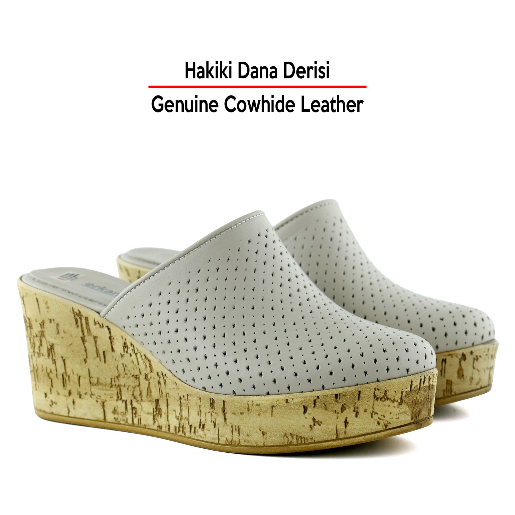 Aria Vizon Hakiki Dana Derisi Önü Kapalı Mantar Taban Görünümlü Dolgu Topuklu Terlik