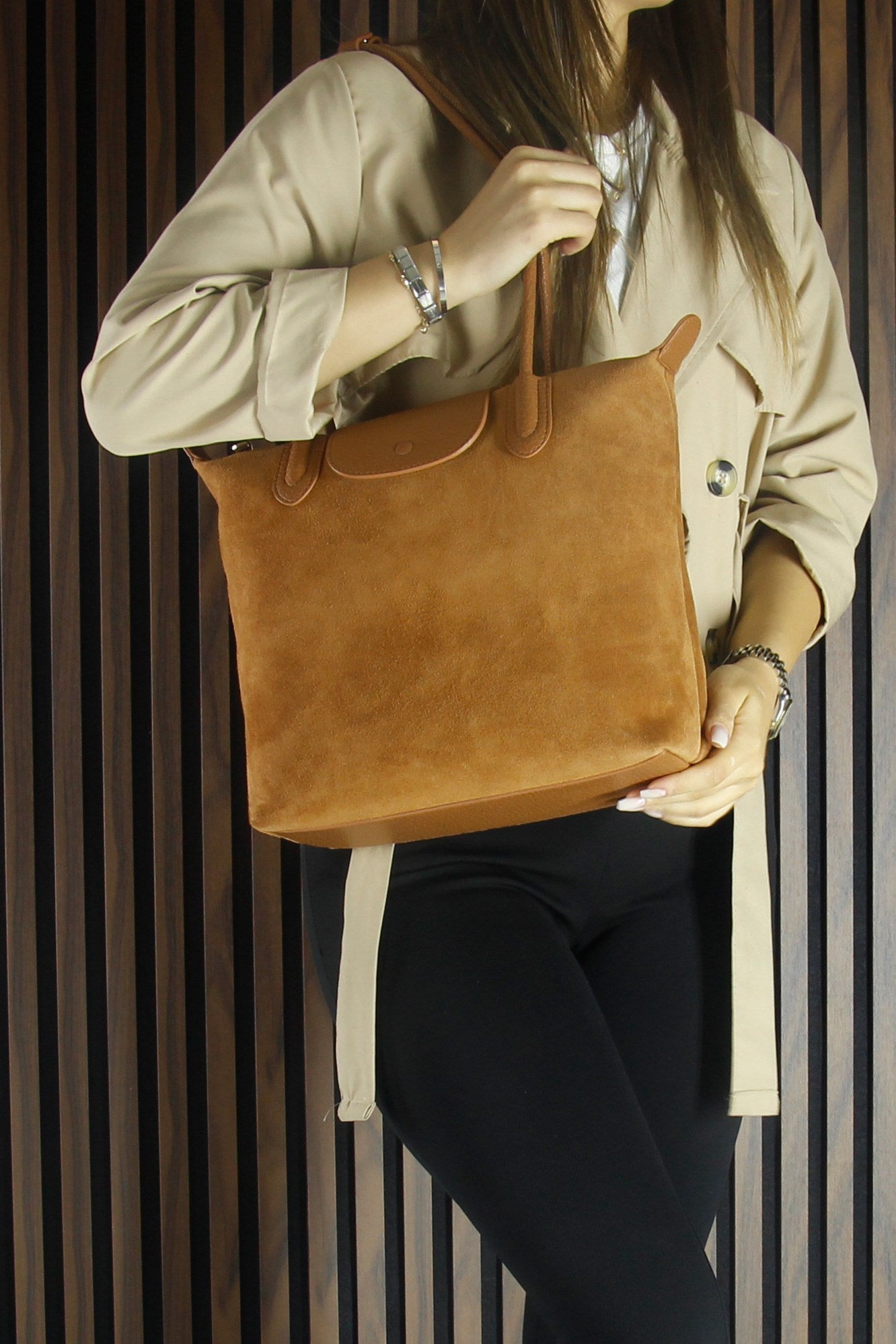 (VSN5017OC) Taba Hakiki Dana Süet Fermuarlı Manyetik Kapaklı Büyük Boy Günlük Omuz Çantası