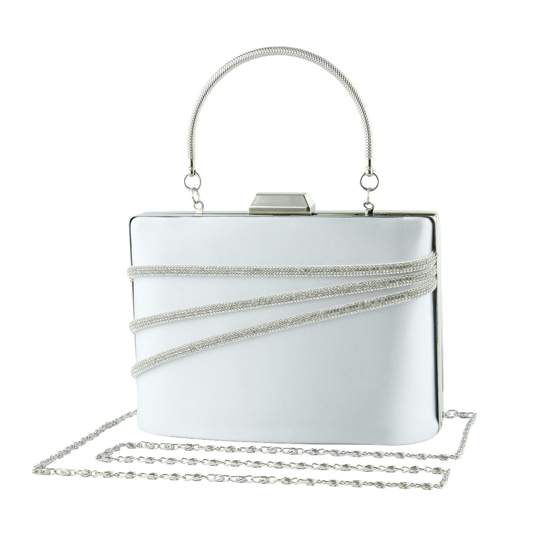 (ES0016AC) Gümüş Saten Kristal Taşlı Metal Saplı Zincir Askılı Abiye Çanta