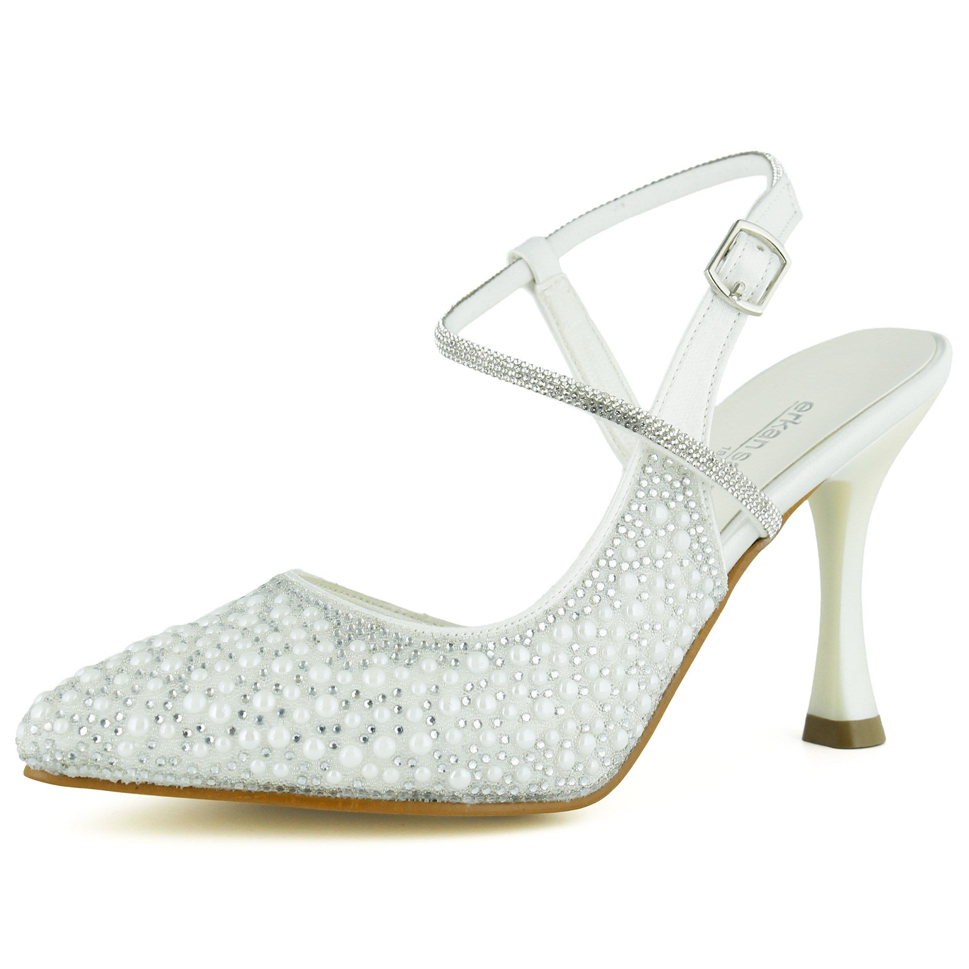 Perola İnci Beyaz Saten Taşlı İncili Arkası Açık Sivri Burun İnce Topuklu Abiye Gelin Ayakkabısı