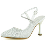 Perola İnci Beyaz Saten Taşlı İncili Arkası Açık Sivri Burun İnce Topuklu Abiye Gelin Ayakkabısı