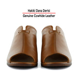 Valery Kahverengi Hakiki Dana Derisi Önü Açık Kalın Topuklu Terlik