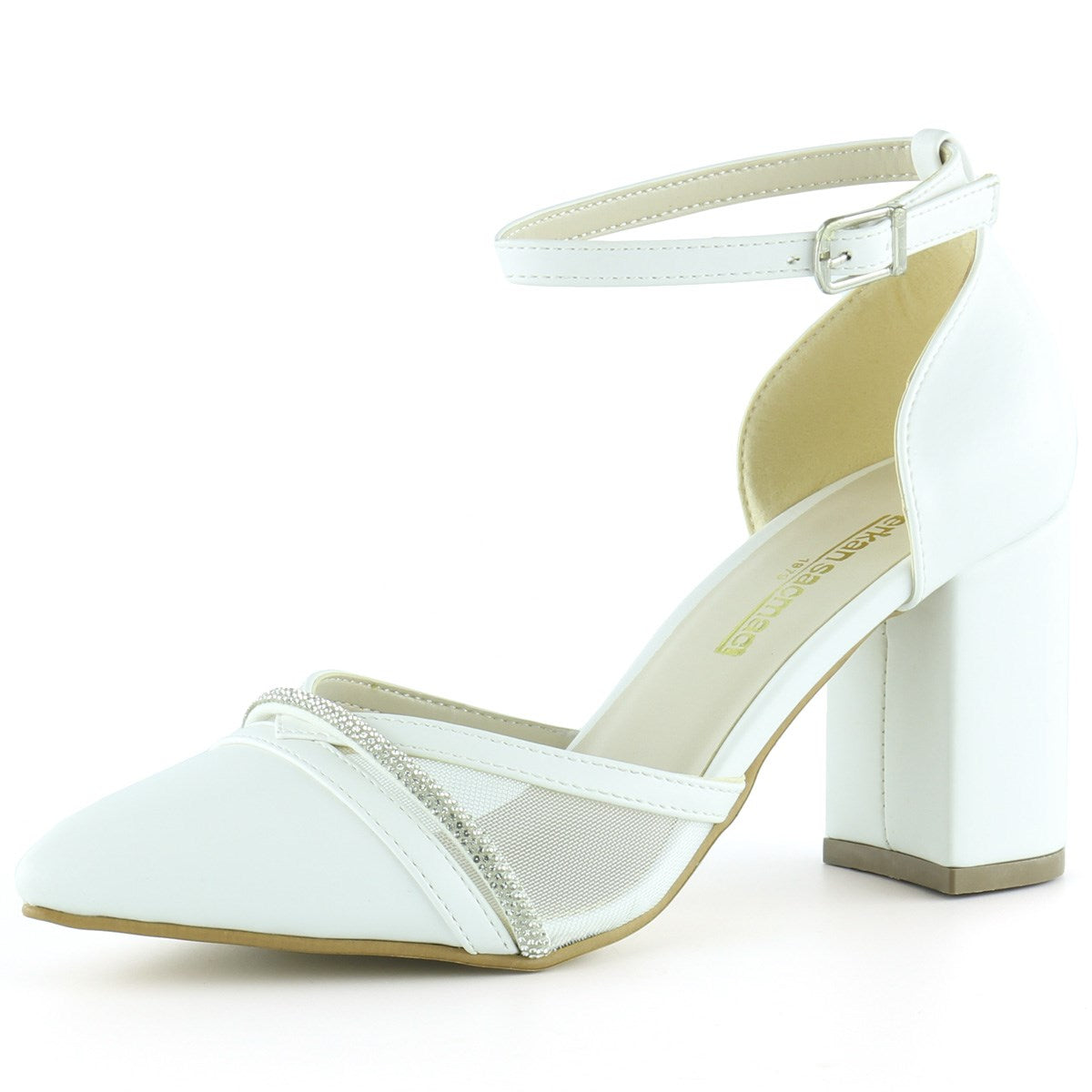 Molly Beyaz Taşlı Fileli Kalın Topuklu Ayakkabı