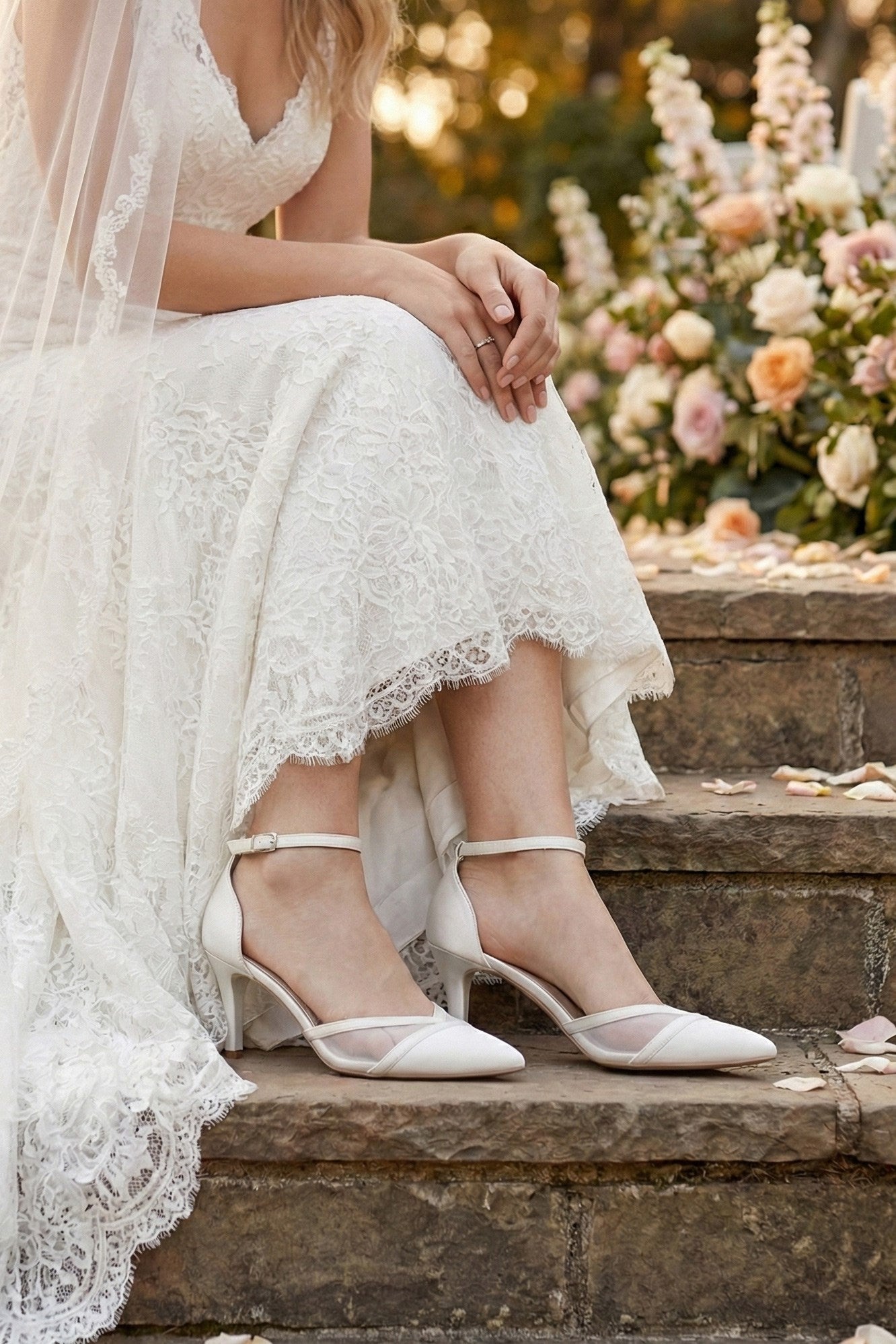 Liana Beyaz Vegan Fileli Sivri Burun İnce Topuklu Klasik Gelin Ayakkabısı