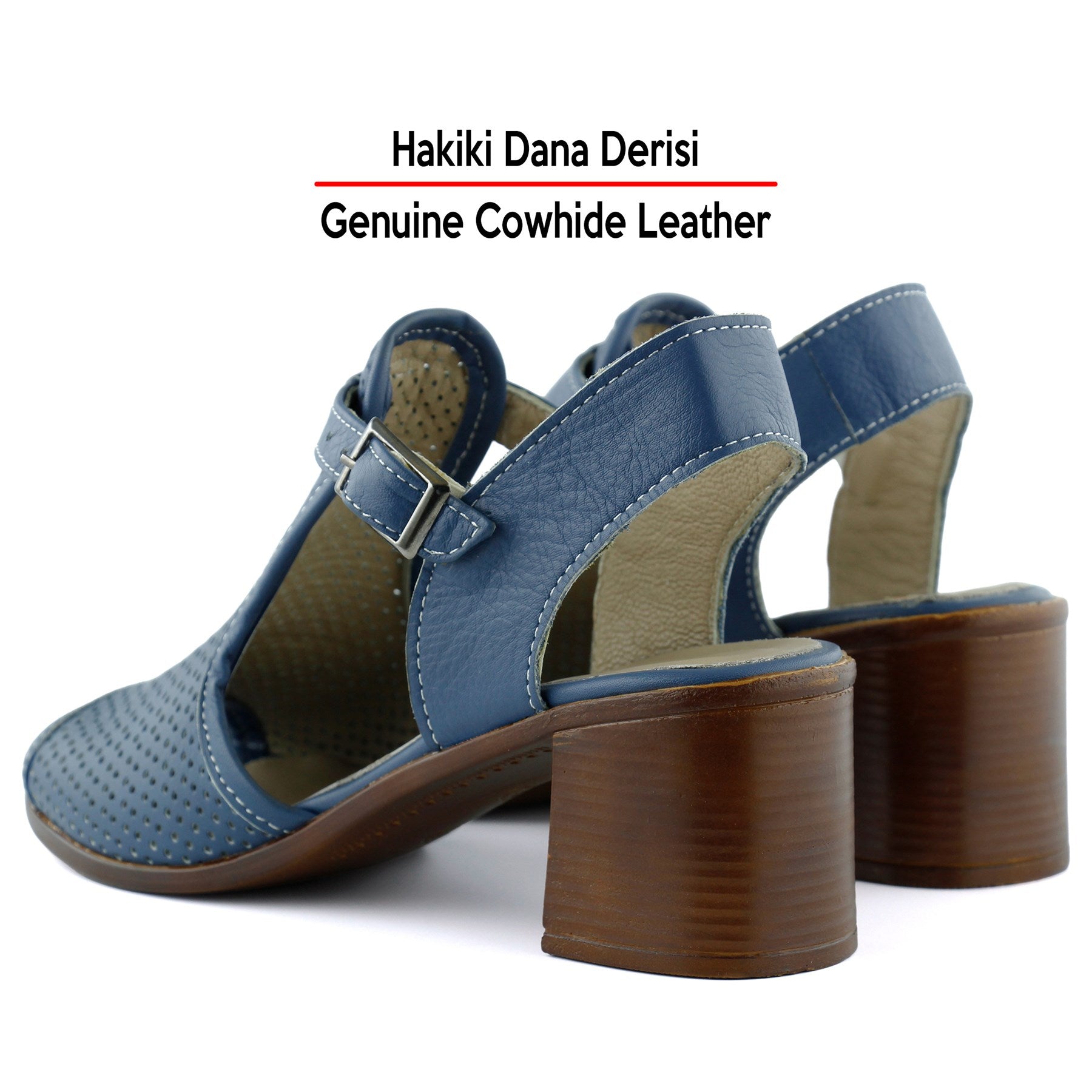 Elena Mavi Hakiki Dana Derisi Önü Arkası Açık Delik Detaylı Kalın Topuklu Rahat Günlük Sandalet