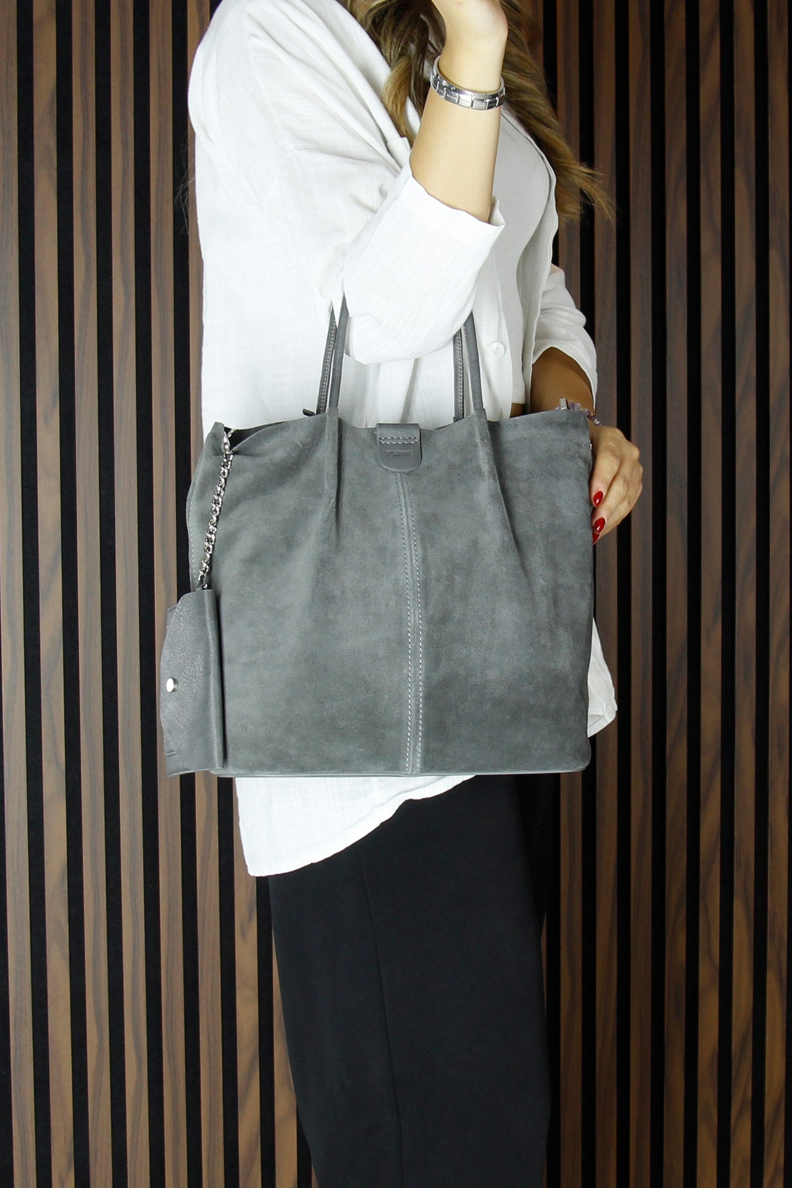 (VSN5010OC) Gri Hakiki Dana Süet Manyetik Kapaklı İç Cepli Askılı Günlük Büyük Boy Omuz Çantası ve Cüzdanı