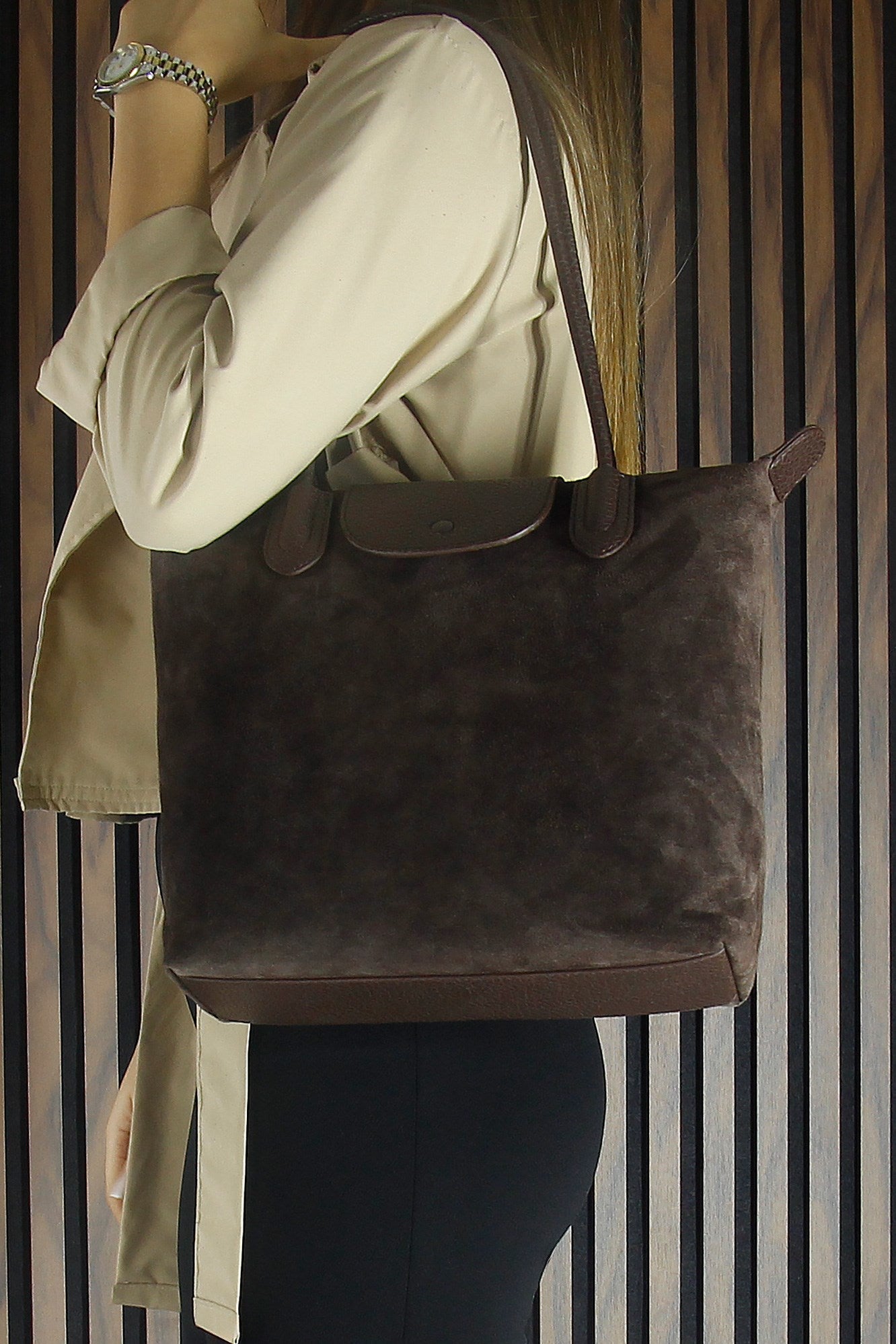 (VSN5017OC) Kahve Hakiki Dana Süet Fermuarlı Manyetik Kapaklı Büyük Boy Günlük Omuz Çantası