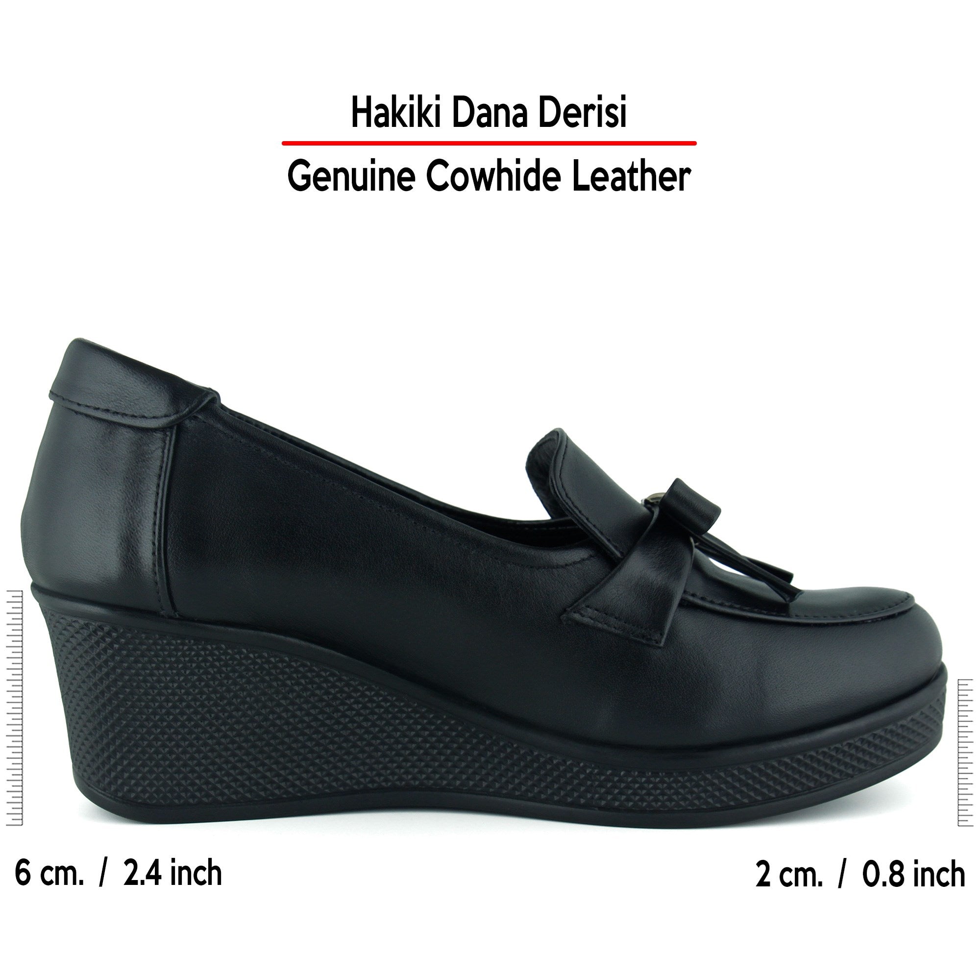 Emma Siyah Hakiki Dana Derisi Fiyonklu Yuvarlak Burun Dolgu Topuklu Günlük Ayakkabı