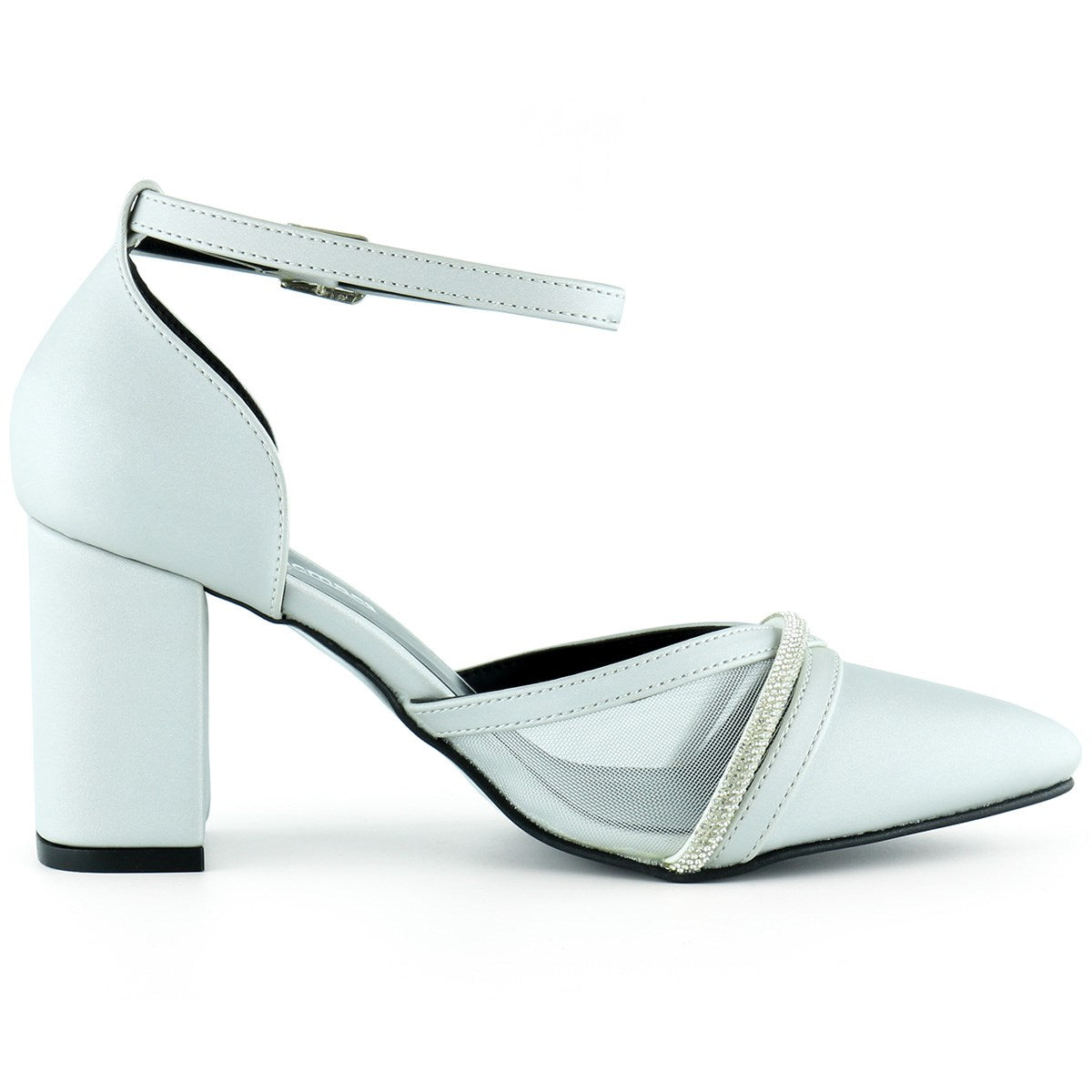 Molly Gümüş Saten Taşlı Fileli Kalın Topuklu Ayakkabı