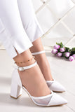 Diana Beyaz Fileli Kalın Topuklu Ayakkabı
