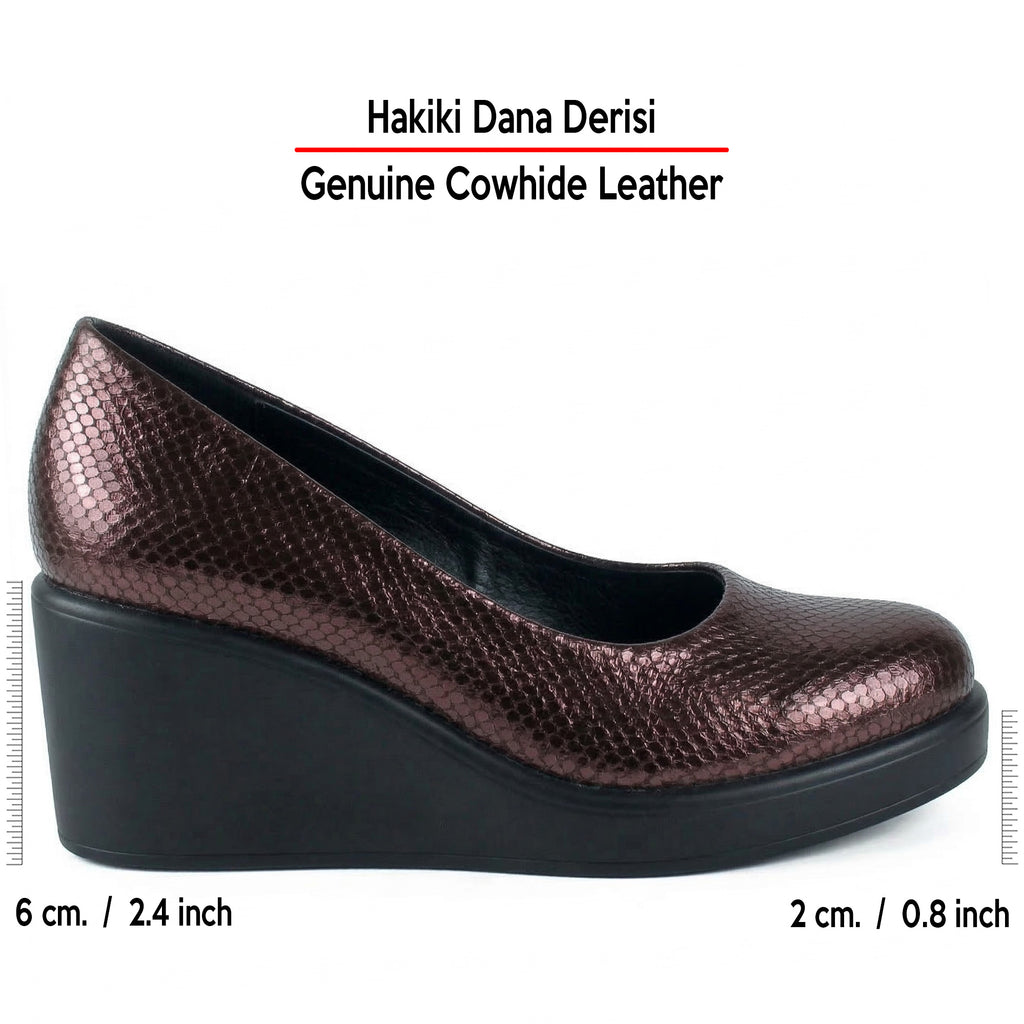 Mabel Bordo Yılan Hakiki Dana Derisi Yuvarlak Burun Dolgu Topuklu Günlük Ayakkabı