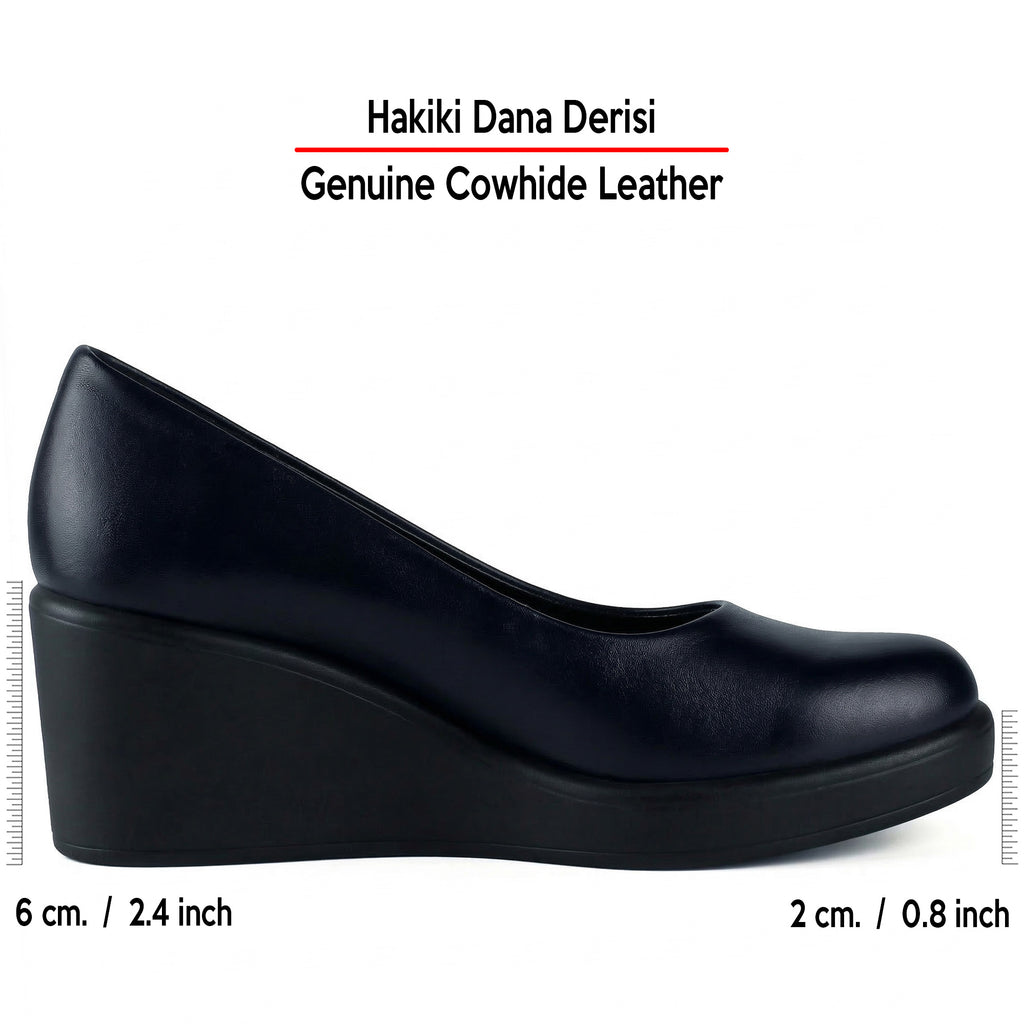 Mabel Lacivert Hakiki Dana Derisi Yuvarlak Burun Dolgu Topuklu Günlük Ayakkabı