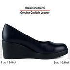 Mabel Lacivert Hakiki Dana Derisi Yuvarlak Burun Dolgu Topuklu Günlük Ayakkabı