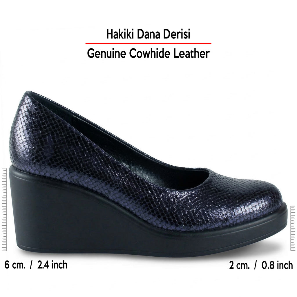 Mabel Lacivert Yılan Hakiki Dana Derisi Yuvarlak Burun Dolgu Topuklu Günlük Ayakkabı
