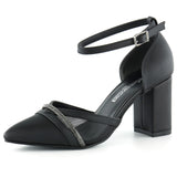 Molly Siyah Saten Sivri Burun Taşlı Fileli Kalın Topuklu Abiye Ayakkabı