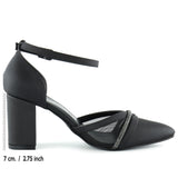 Molly Siyah Saten Sivri Burun Taşlı Fileli Kalın Topuklu Abiye Ayakkabı