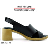 Seras Siyah Hakiki Dana Derisi Çapraz Bantlı Delik Detaylı Cırt Bantlı Kalın Topuklu Günlük Sandalet