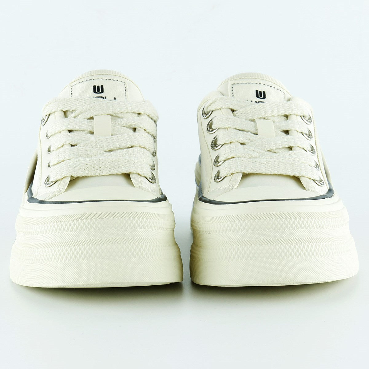 [5016] Bej Saten Yüksek Taban Spor Taşlı Bağcıklı Platform Sneaker