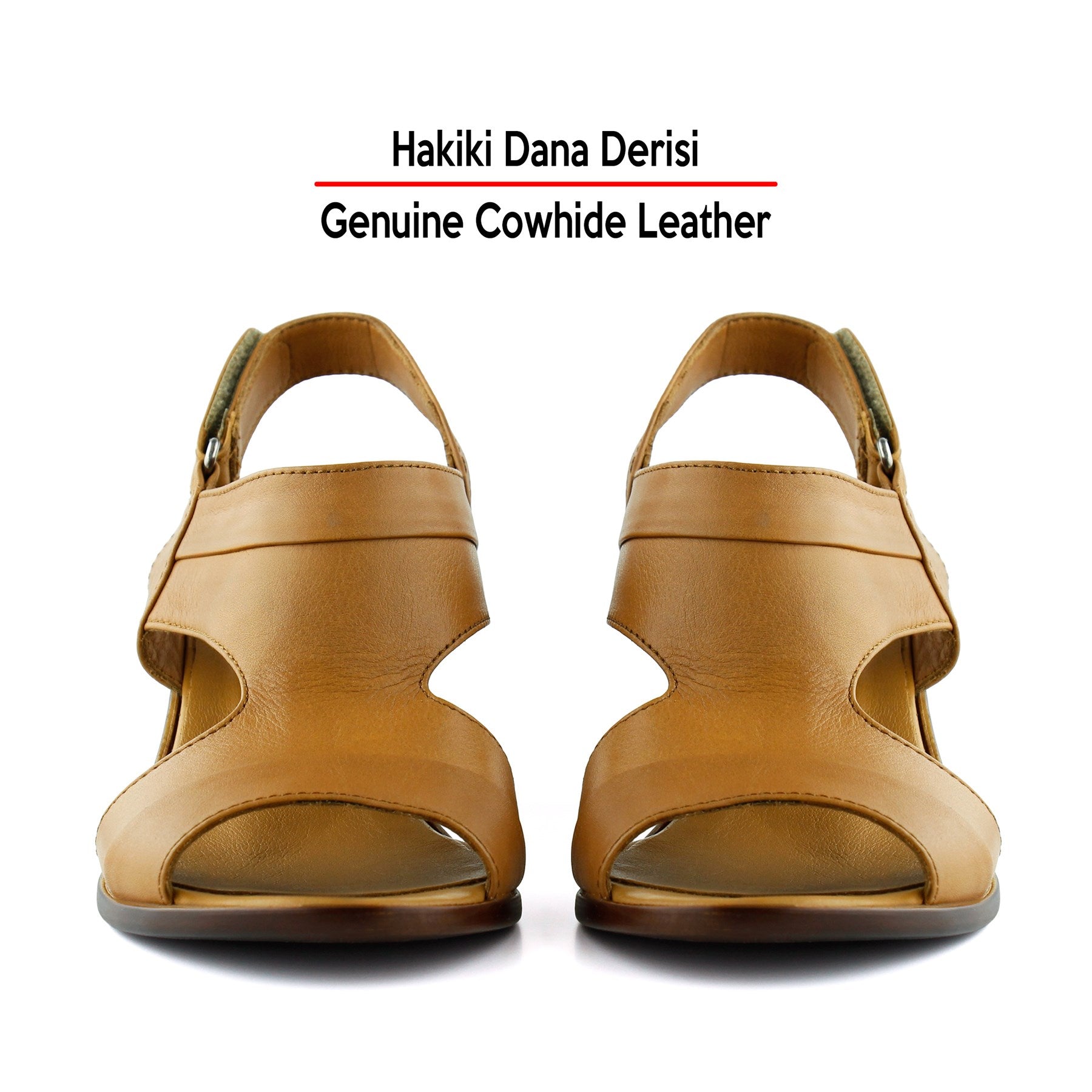 Kanne Taba Hakiki Dana Derisi Cırt Bantlı Kalın Topuklu Rahat Günlük Sandalet