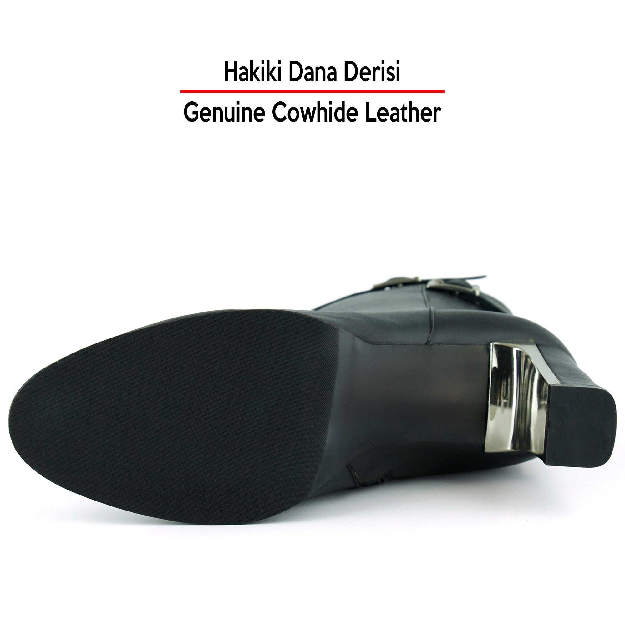 [MAX Y-702] Siyah Hakiki Dana Derisi Tokalı Fermuarlı Sivri Burun Kalın Topuklu Günlük Yarım Çizme