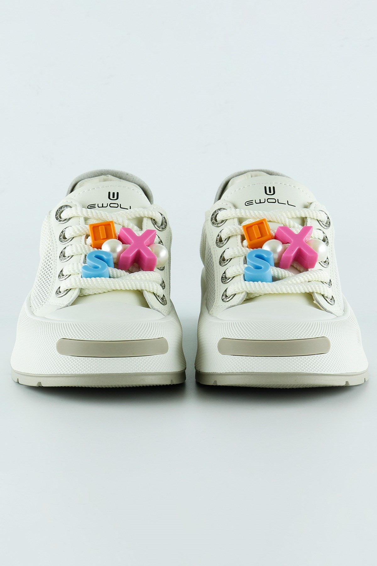 [5020] Bej Yüksek Taban Spor Fileli Harf Detaylı İncili Bağcıklı Platform Sneaker