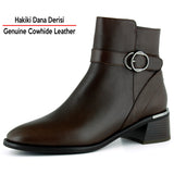 [MAX 502] Kahverengi Hakiki Dana Derisi Tokalı Fermuarlı Yuvarlak Burun Kalın Topuklu Günlük Bot