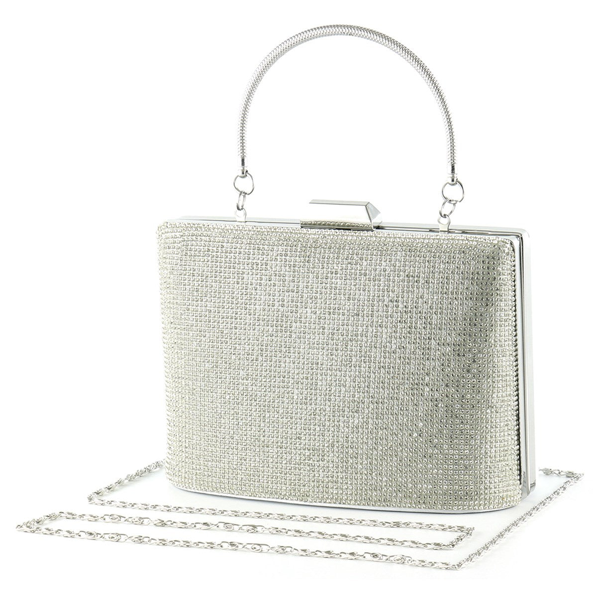 Gümüş Saten Kristal Taşlı Metal Saplı Zincir Askılı Abiye Çanta ( ES0011AC )
