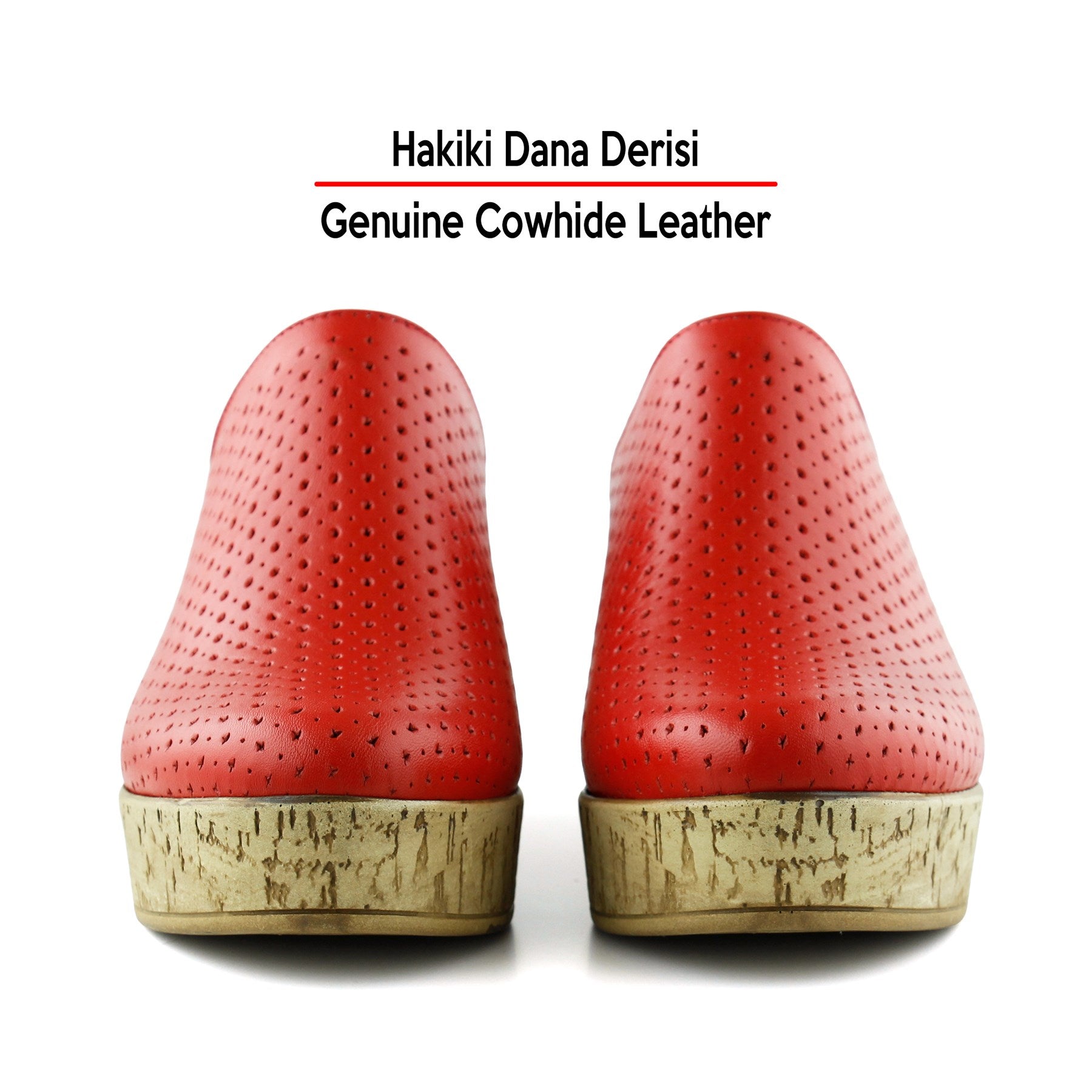 Aria Kırmızı Hakiki Dana Derisi Önü Kapalı Mantar Taban Görünümlü Dolgu Topuklu Terlik