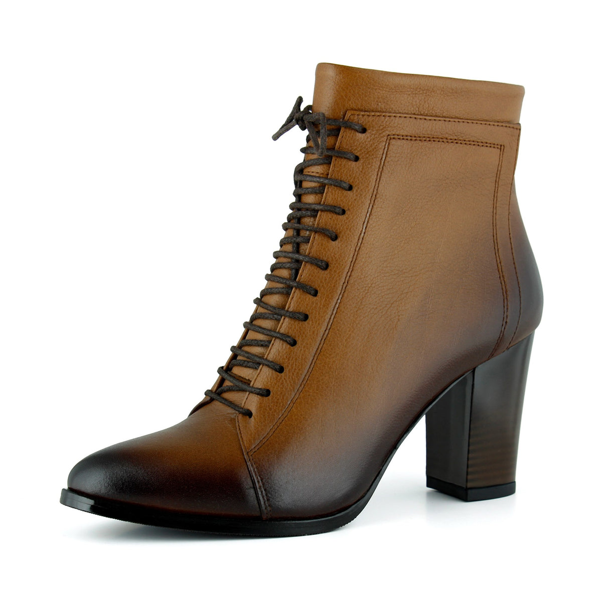 [MAX 234] Taba Hakiki Dana Derisi Bağcıklı Fermuarlı Sivri Burun Kalın Topuklu Günlük Bot