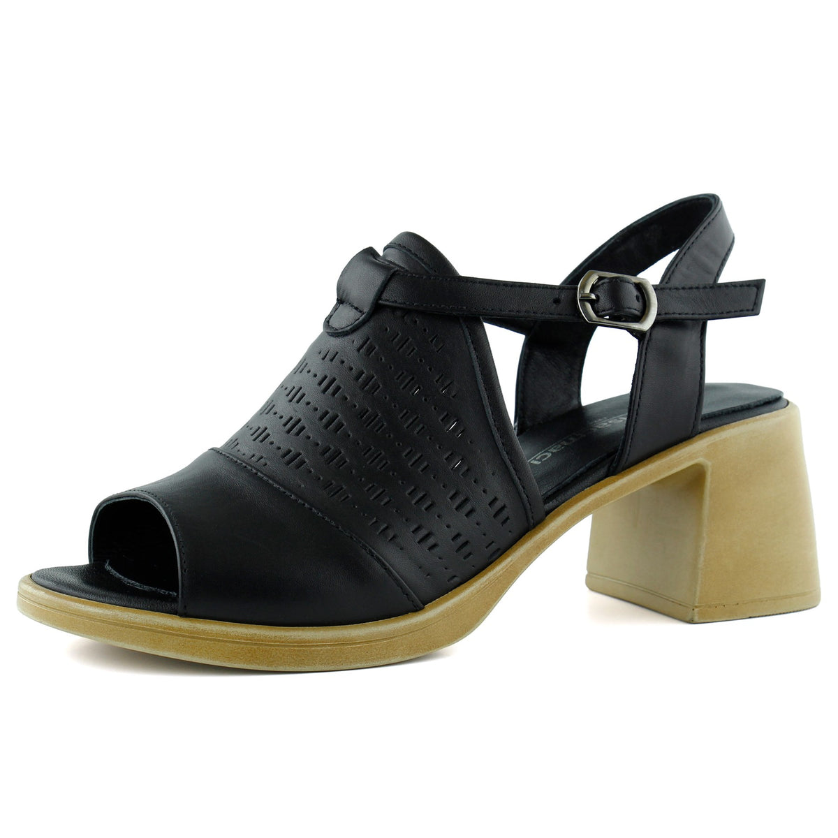 Amanda Siyah Hakiki Dana Derisi Kesik Detaylı Ayarlanabilir Tokalı Kalın Topuklu Günlük Sandalet