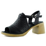 Amanda Siyah Hakiki Dana Derisi Kesik Detaylı Ayarlanabilir Tokalı Kalın Topuklu Günlük Sandalet