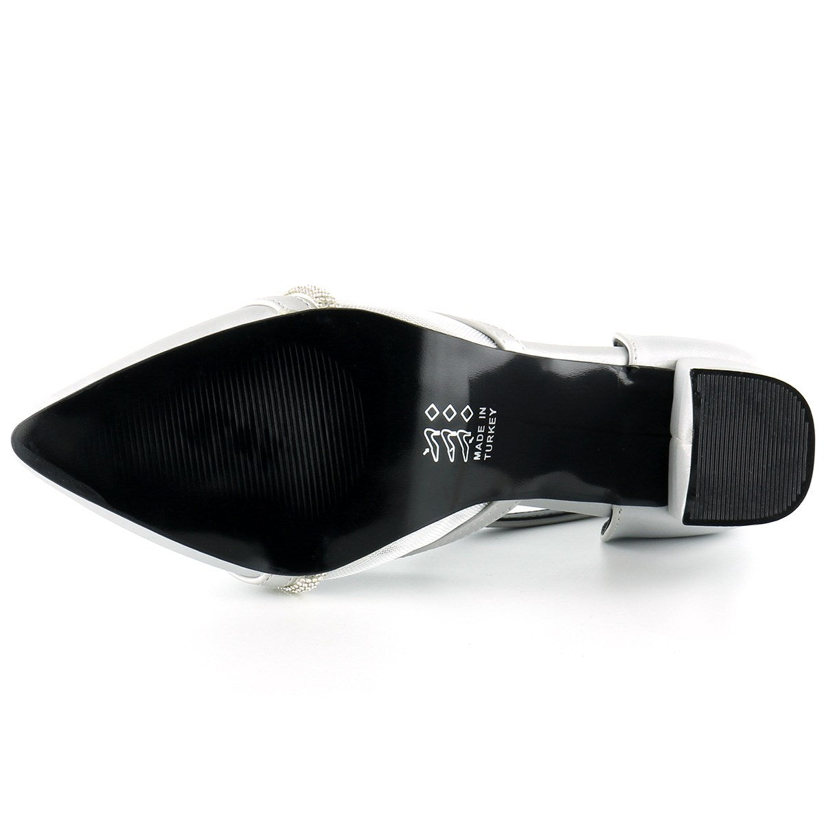 Molly Gümüş Saten Taşlı Fileli Kalın Topuklu Ayakkabı