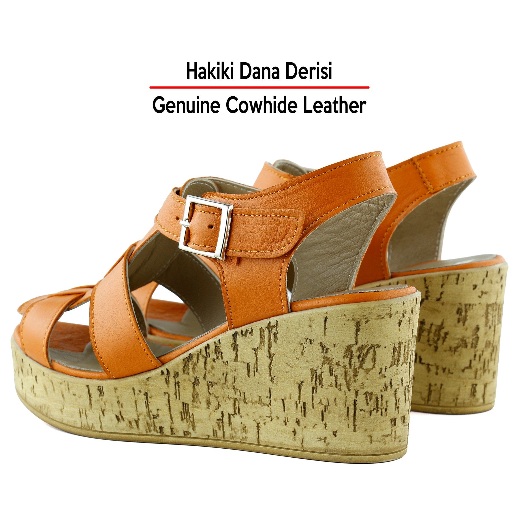 Xena Turuncu Hakiki Dana Derisi Mantar Taban Görünümlü Dolgu Topuklu Gladyatör Sandalet