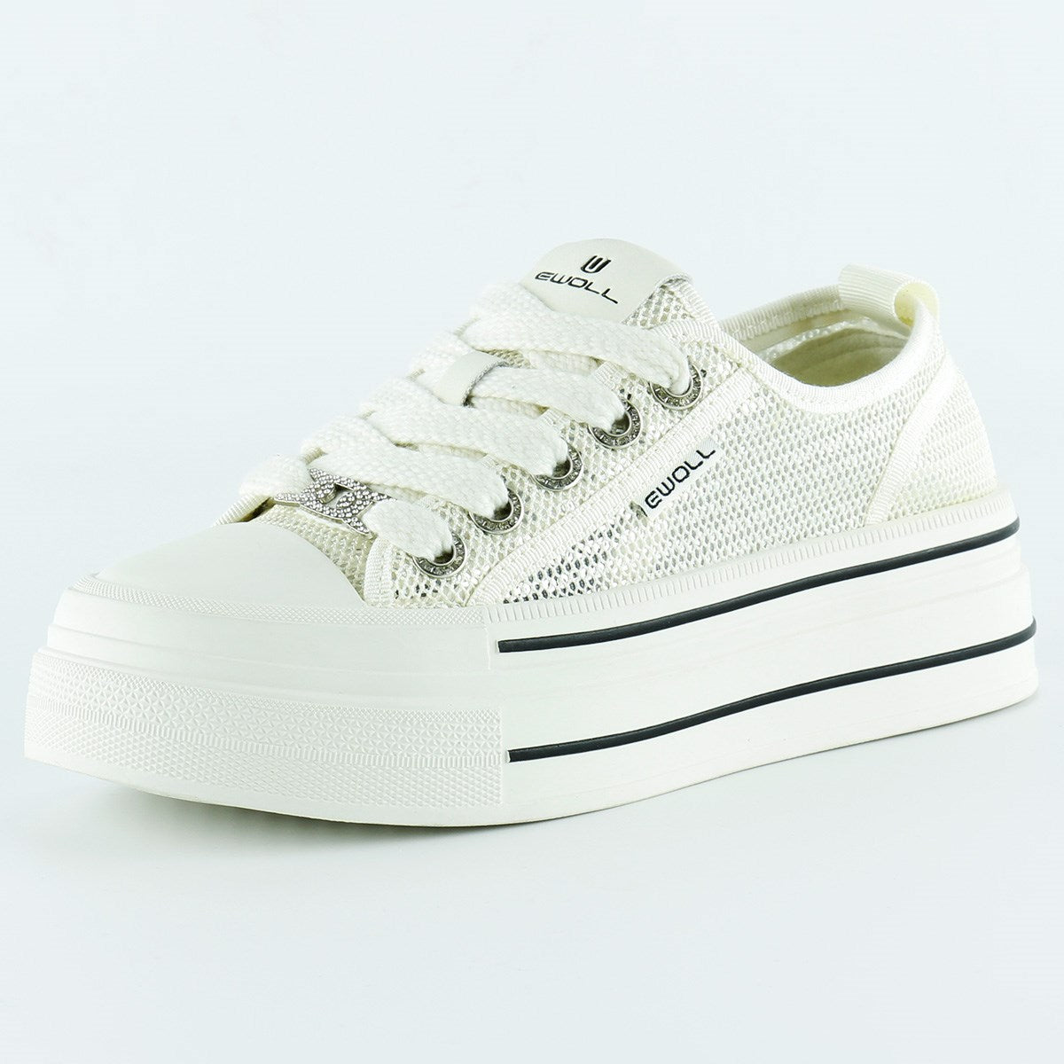 [5025] Beyaz Yüksek Taban Spor Fileli Taşlı Bağcıklı Platform Sneaker