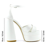 Celine İnci Beyaz Önü Açık Çapraz Bantlı Çift Platformlu Kalın Topuklu Abiye Gelin Ayakkabısı