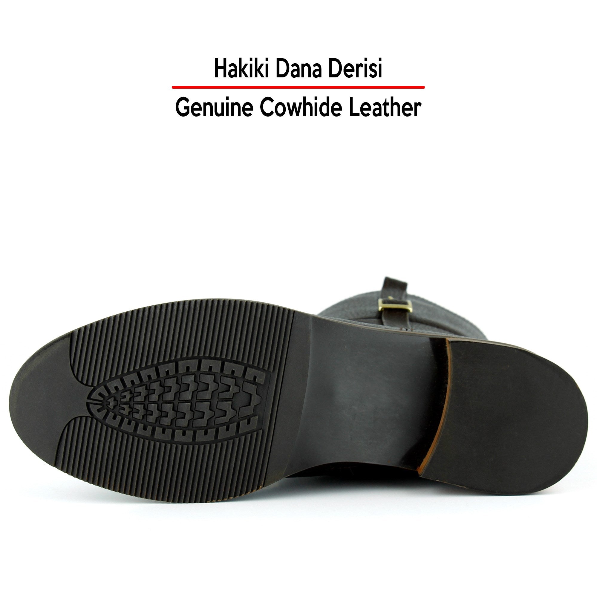 [MAX 423] Kahverengi Hakiki Dana Derisi Tokalı Fermuarlı Yuvarlak Burun Kalın Topuklu Günlük Bot