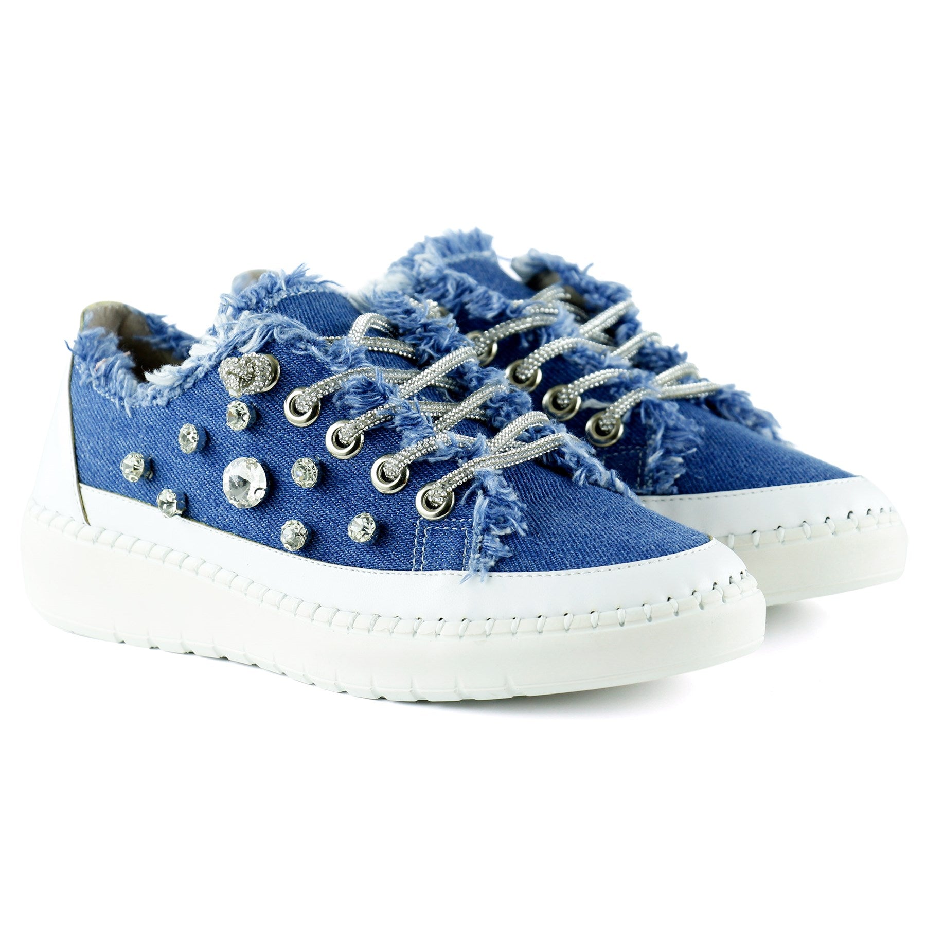 Valentina Mavi Denim Kristal Taşlı Gümüş Bağcıklı Sneaker