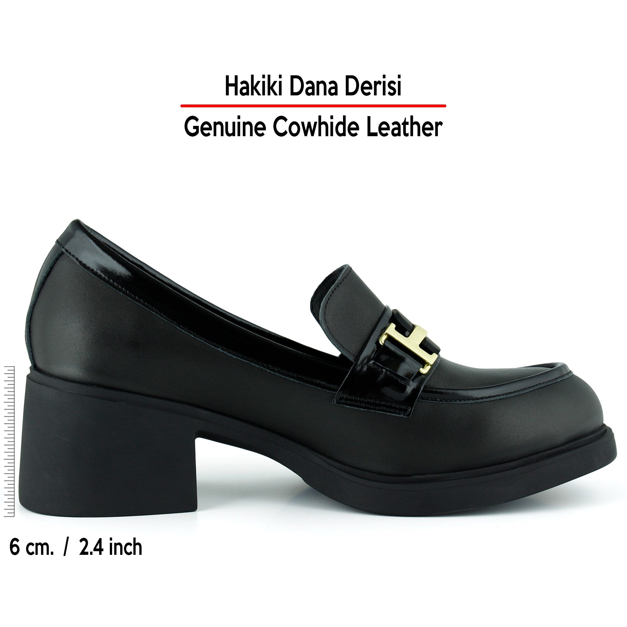 [MAX 53-133] Siyah Hakiki Dana Derisi Rugan Detaylı Tokalı Kalın Topuklu Günlük Loafer Ayakkabı