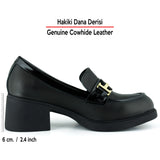 [MAX 53-133] Siyah Hakiki Dana Derisi Rugan Detaylı Tokalı Kalın Topuklu Günlük Loafer Ayakkabı